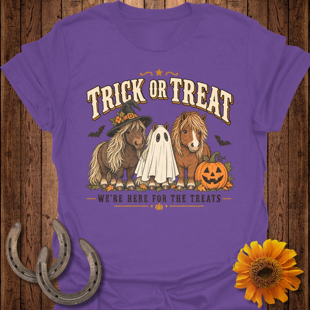 T-shirt with "Trick or Treat" text, ponies dressed as a witch and ghost, and a pumpkin.