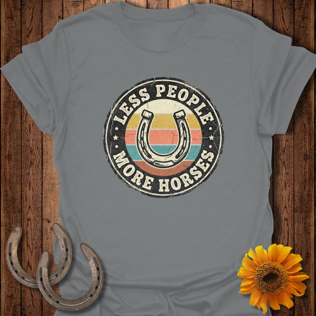 Grey t-shirt with horseshoe graphic and text "LESS PEOPLE MORE HORSES".