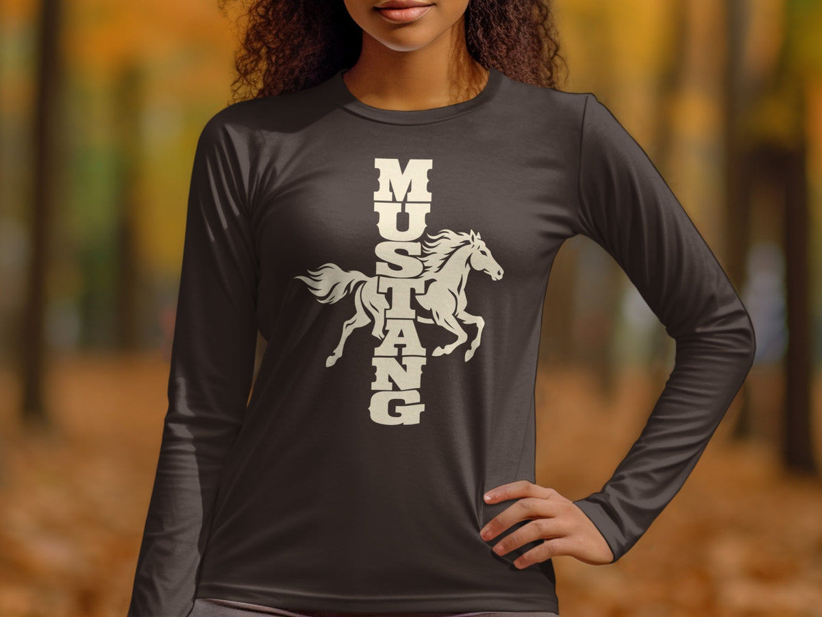 A person wearing a dark grey long-sleeve shirt featuring a white graphic of a running horse and vertical Mustang text.