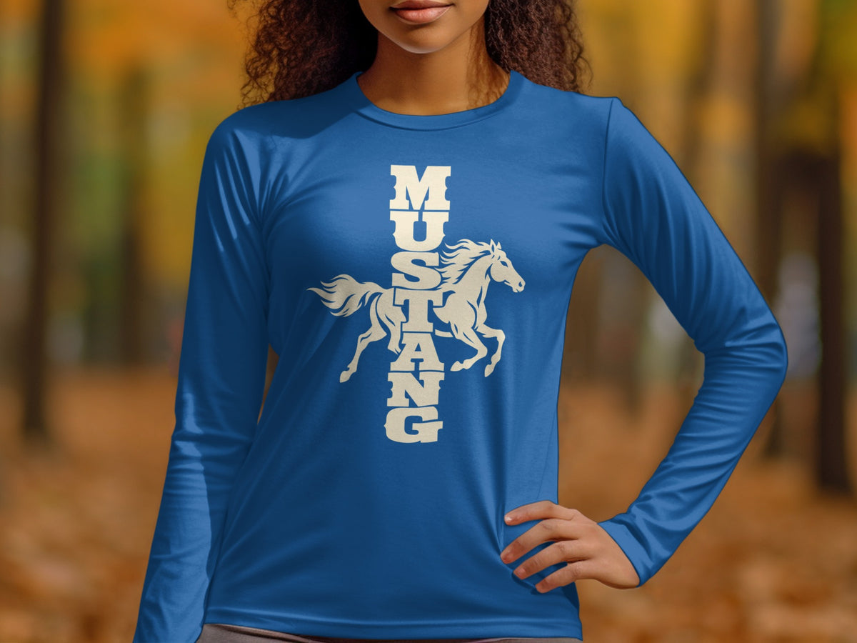 A person wearing a blue long-sleeved shirt with white "Mustang" text and a horse graphic.