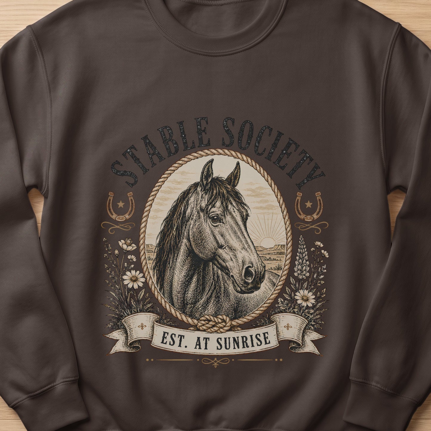 Brown sweatshirt with vintage horse graphic and "Stable Society Est. at Sunrise" text.