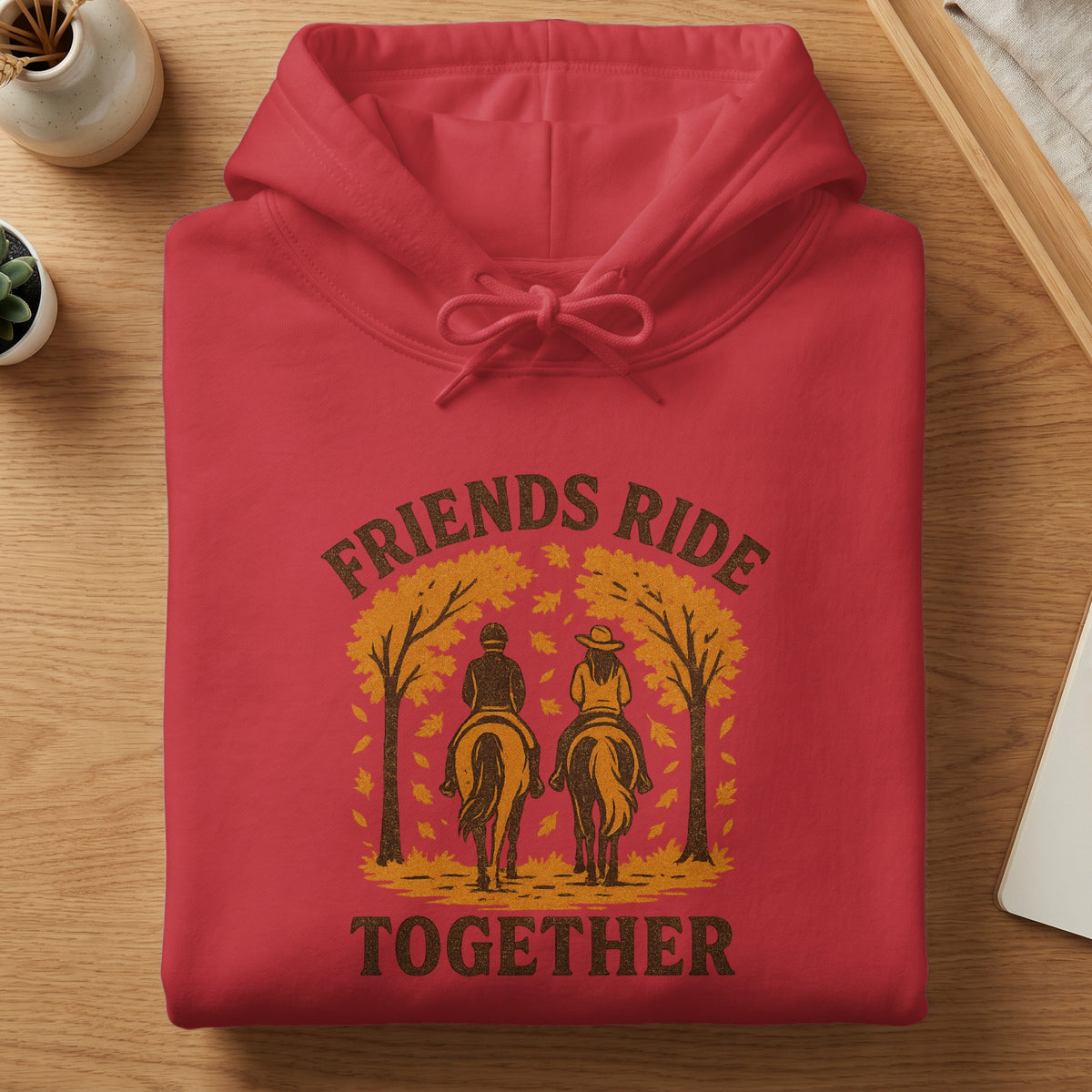 Red hoodie with "Friends Ride Together" text and horseback riders illustration.