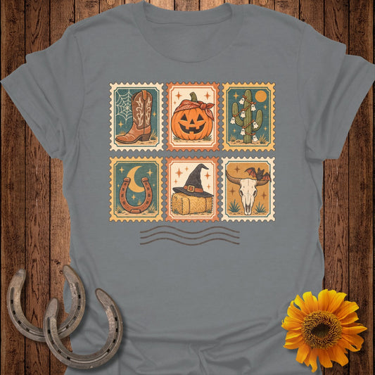 Six postage stamps featuring Western and Halloween imagery on a grey t-shirt.