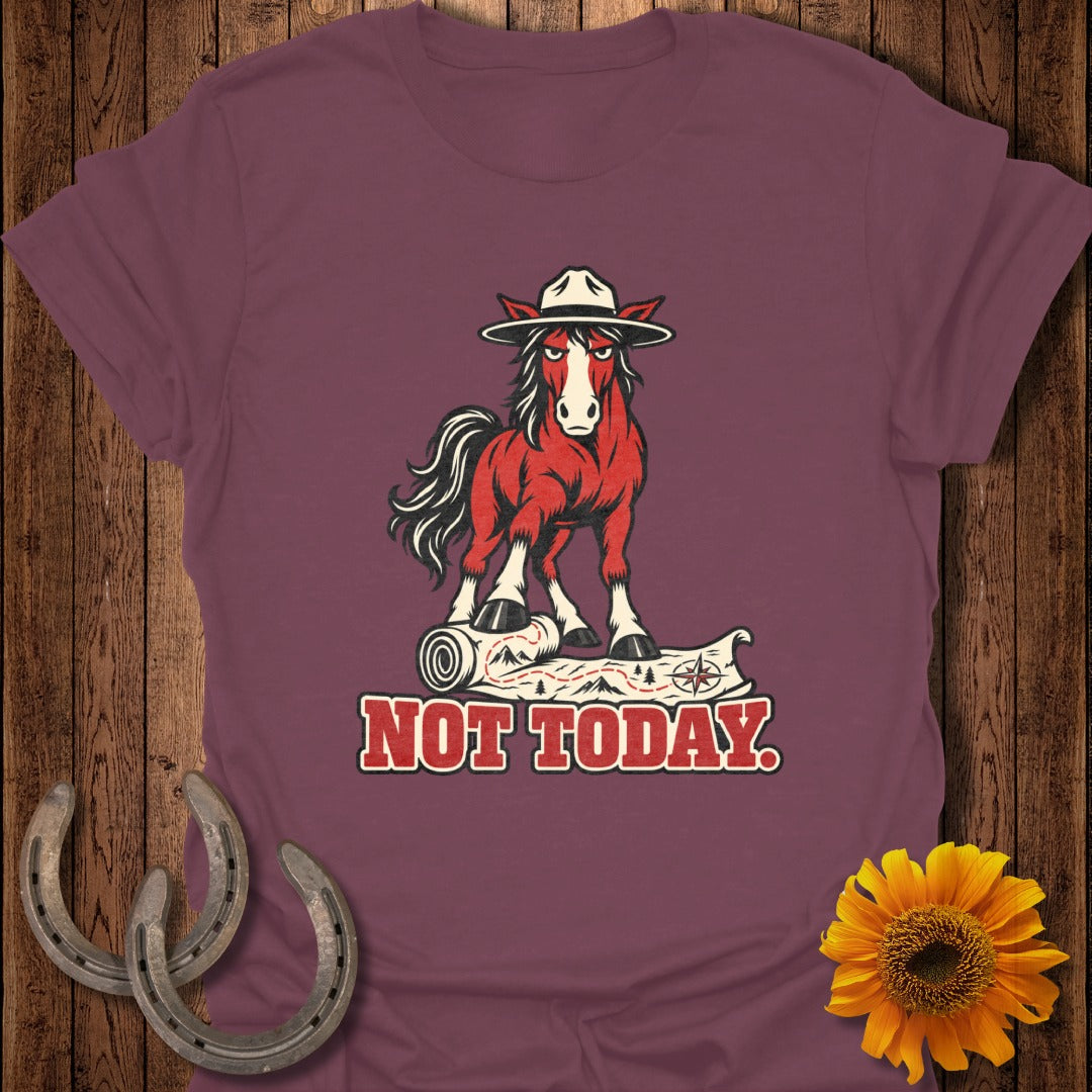 Red horse in a hat standing on a map, with text "NOT TODAY."