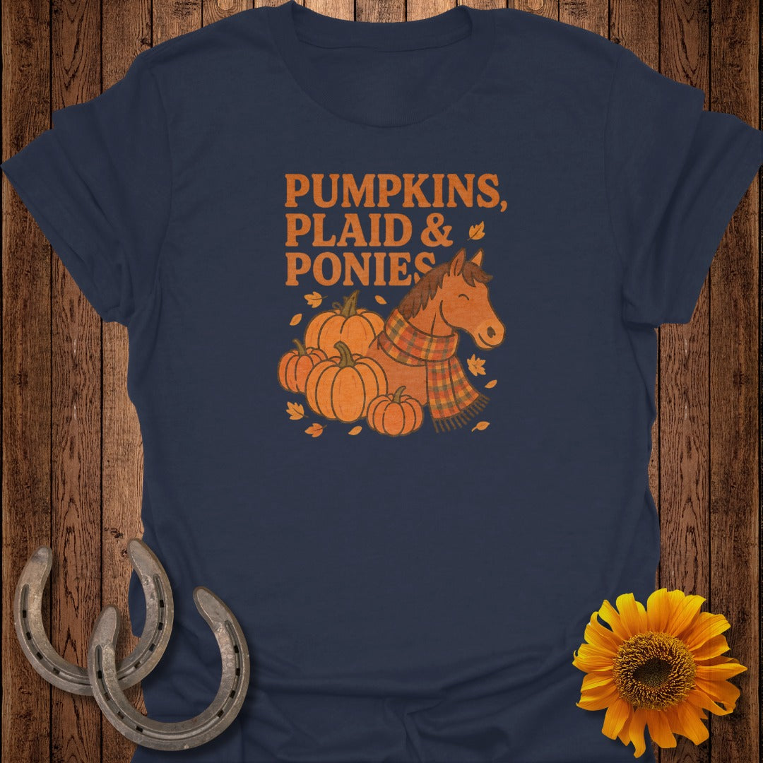 Navy t-shirt with "Pumpkins, Plaid & Ponies" text, horse, and pumpkins.