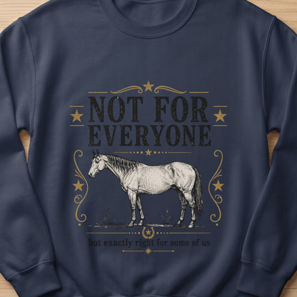 Navy sweatshirt with a vintage-style horse illustration and text "Not for everyone".