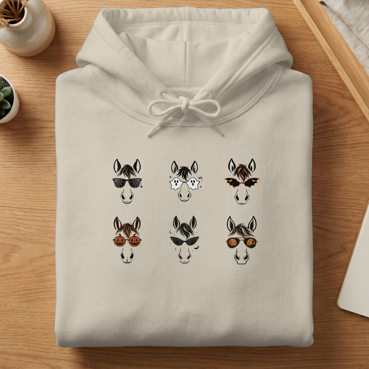 Cream hoodie with six Halloween-themed horse face graphics.