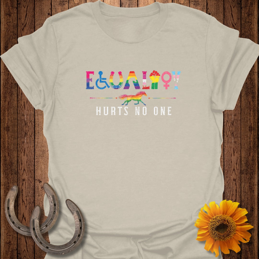 T-shirt with "Equality Hurts No One" and LGBTQ symbols.