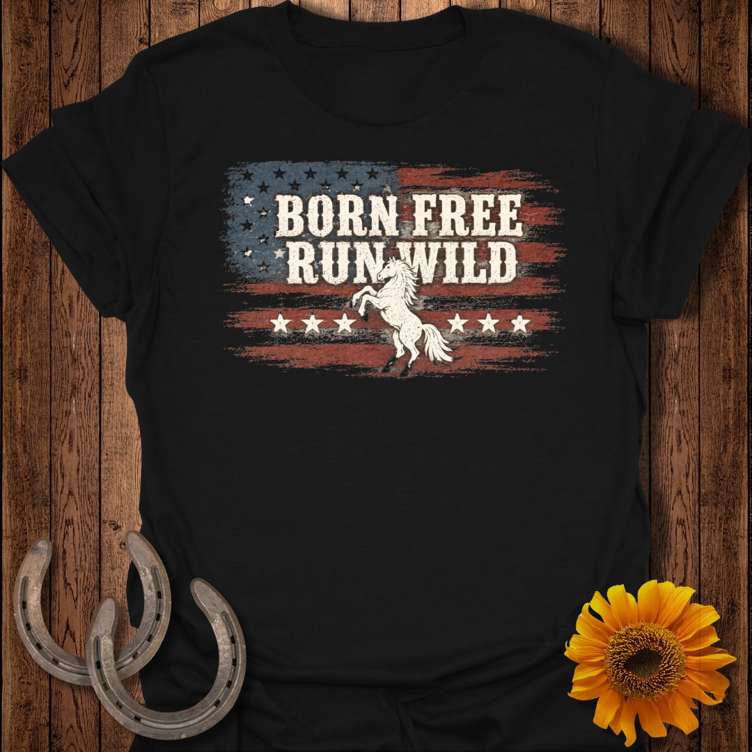 Black t-shirt with distressed American flag graphic, a bucking horse, and "Born Free Run Wild" text.