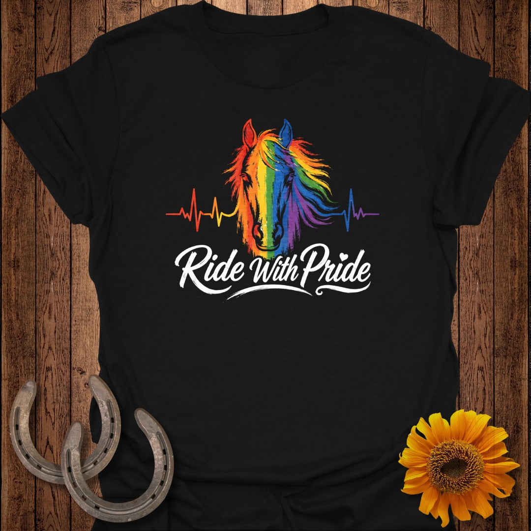 Black t-shirt with colorful horse mane and "Ride With Pride" text.