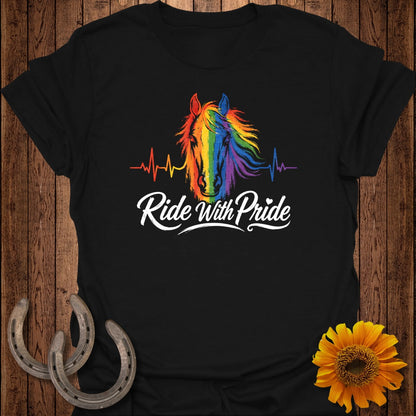 Black t-shirt with colorful horse mane and "Ride With Pride" text.