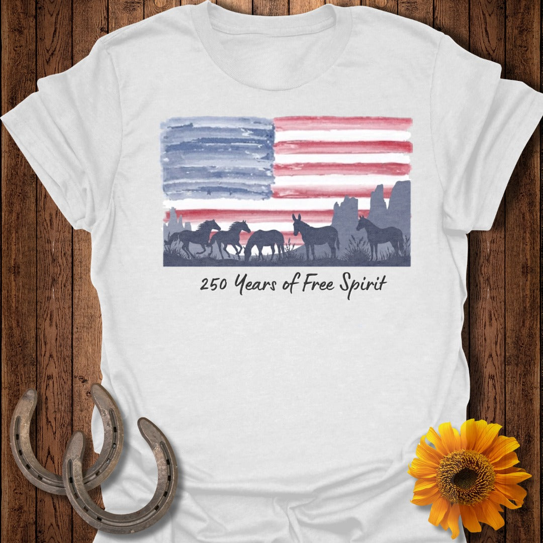 White t-shirt with watercolor American flag, horses, and "250 Years of Free Spirit" text.