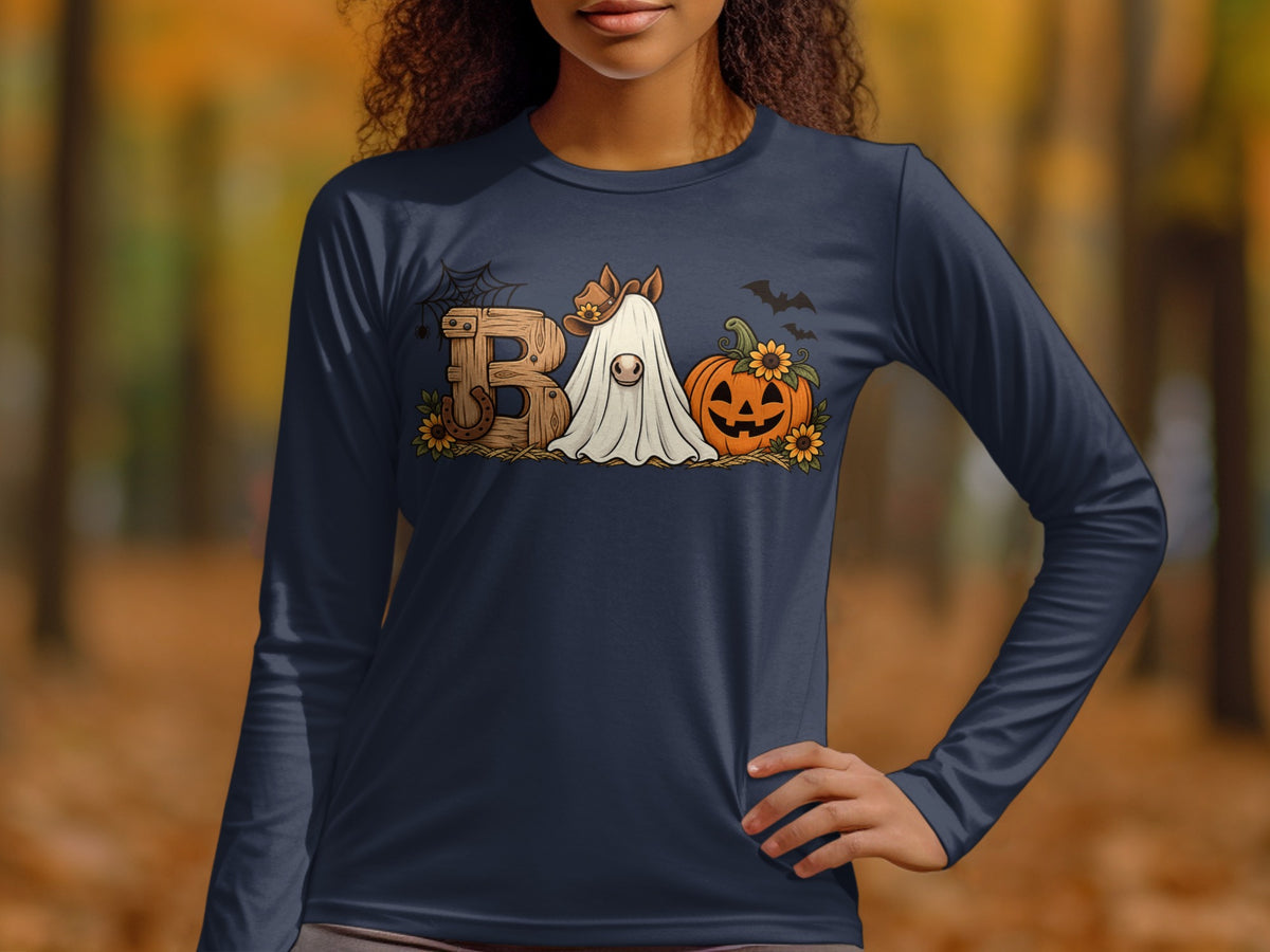 "Boo" graphic with horse ghost, jack-o'-lantern, and Halloween accents on navy shirt.