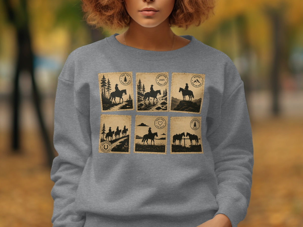 Grey sweatshirt with six postage stamp-style designs featuring horses and riders.