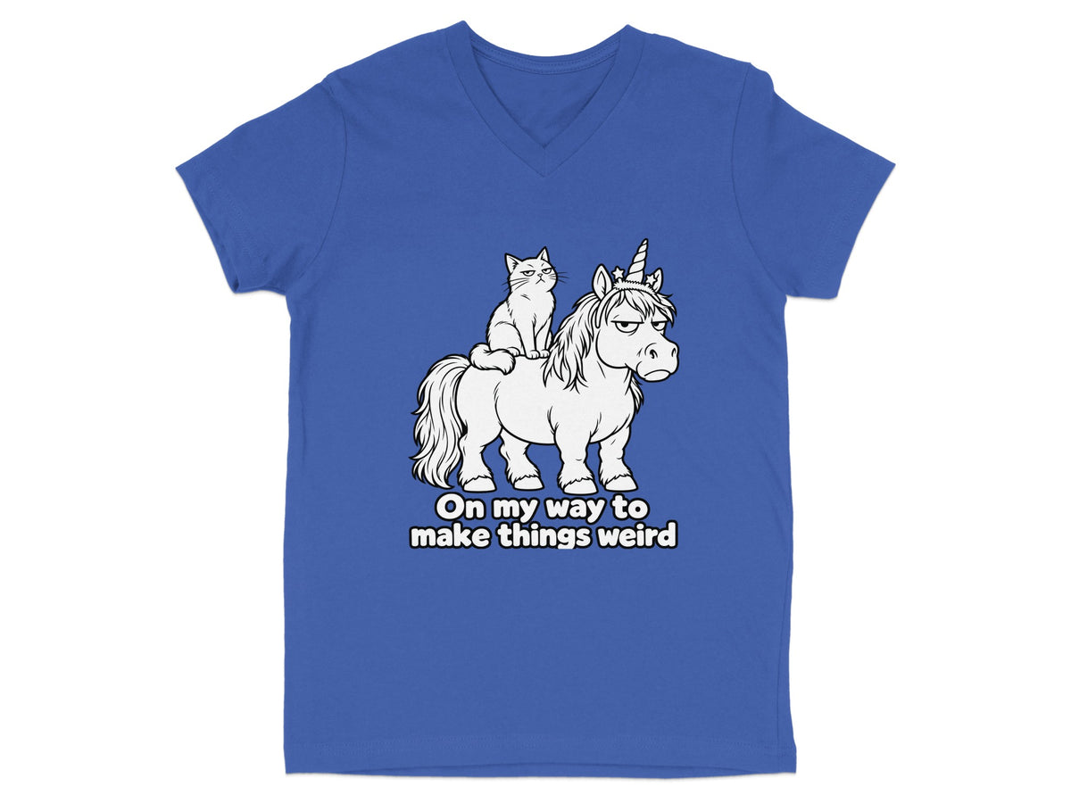 Cat riding a grumpy unicorn with text "On my way to make things weird".
