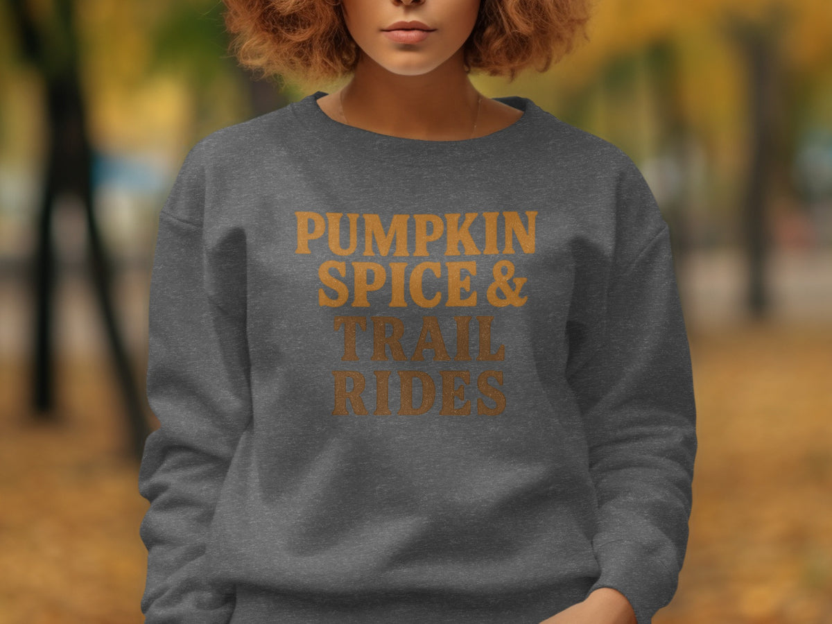 Dark grey sweatshirt with "Pumpkin Spice & Trail Rides" text.