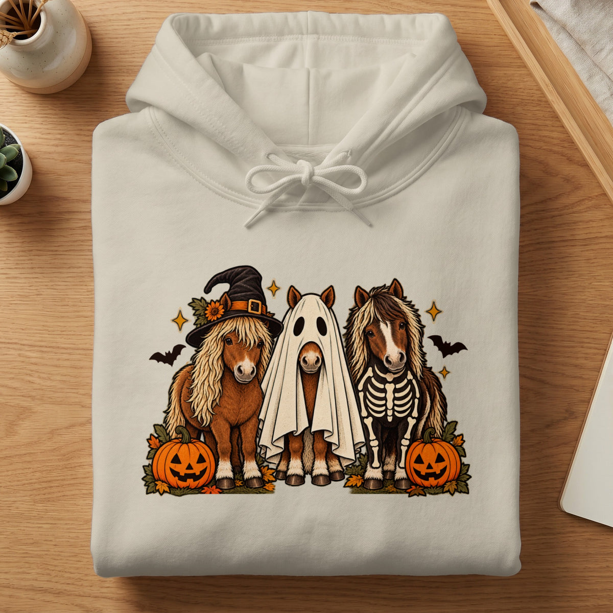 Cream hoodie with three horses in Halloween costumes: witch hat, ghost, and skeleton.