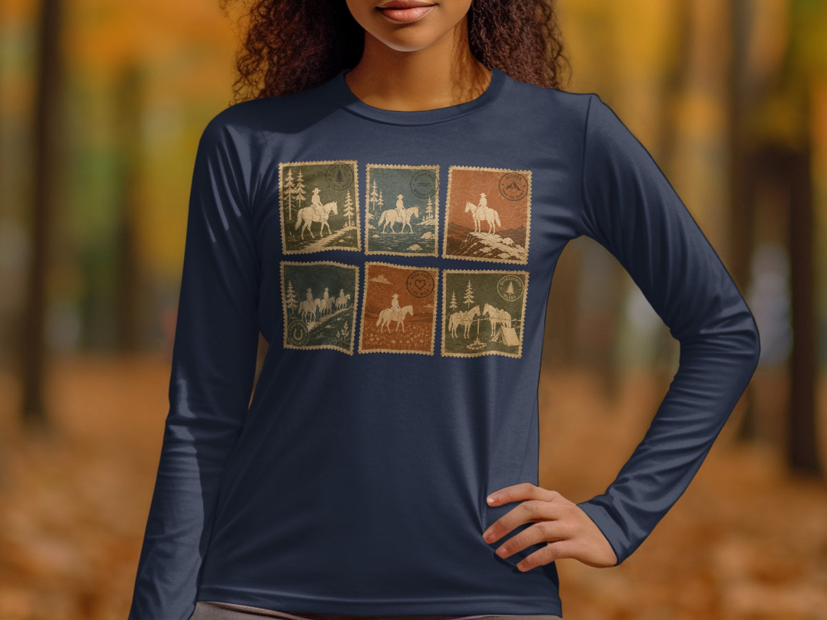 Navy long sleeve shirt with six vintage-style stamp graphics of horses and outdoor scenes.
