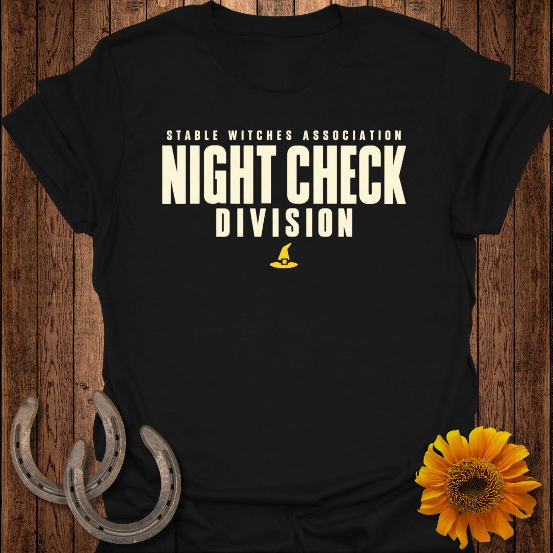 Black t-shirt with "Stable Witches Association Night Check Division" text and witch hat graphic.