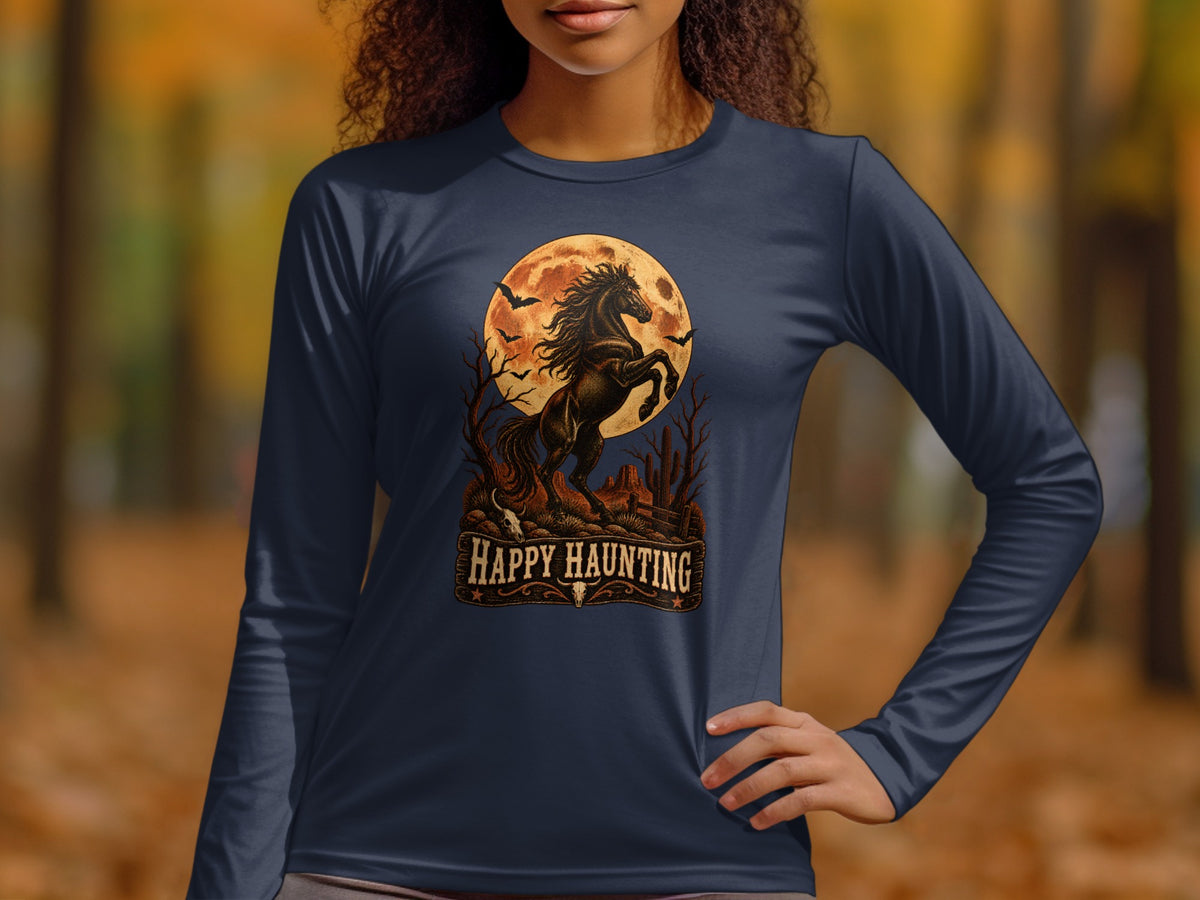 Long sleeve shirt with a dark horse and "Happy Haunting" text on a full moon.