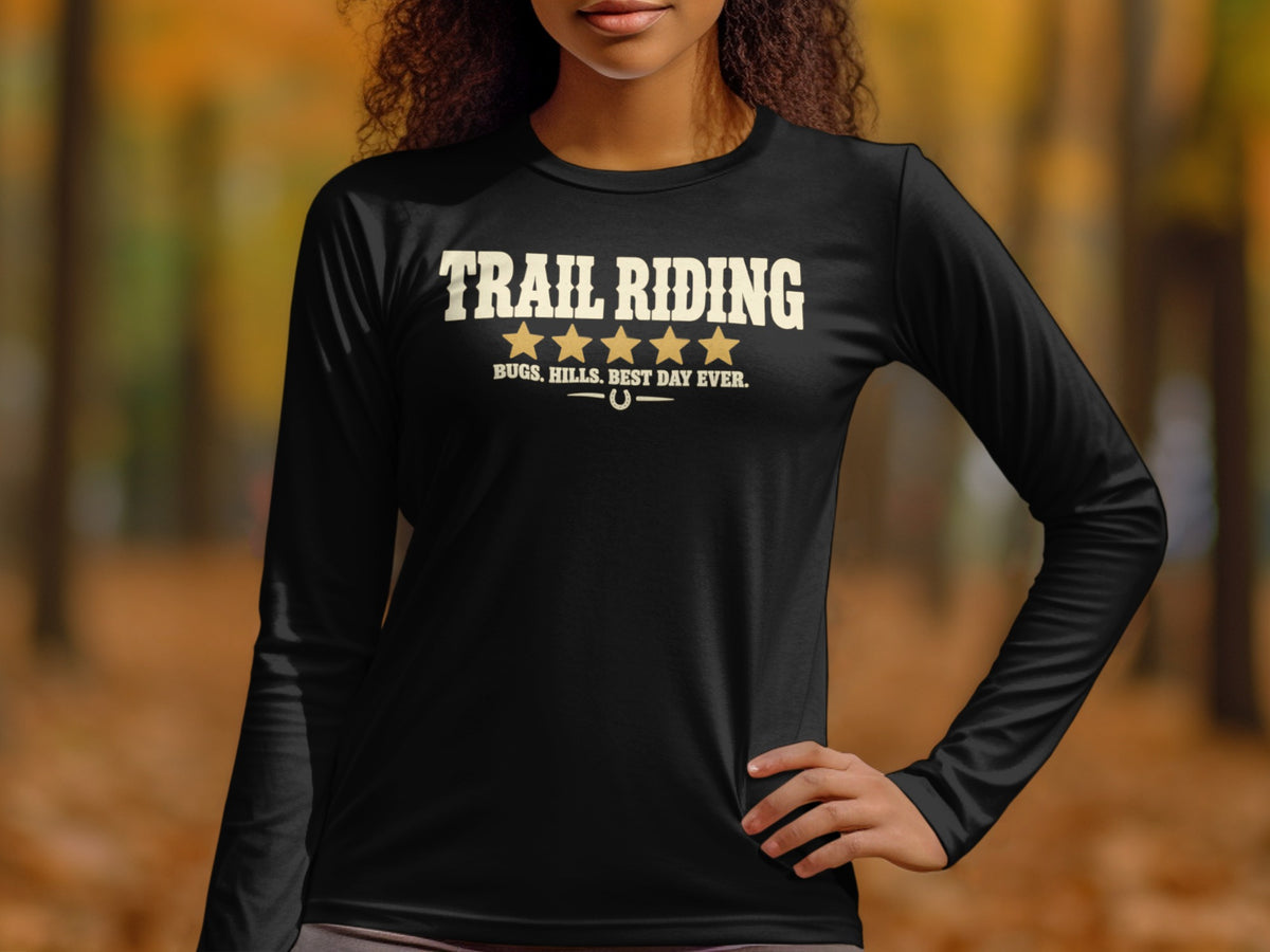 Black long sleeve shirt with "TRAIL RIDING" and stars above text and horseshoe.