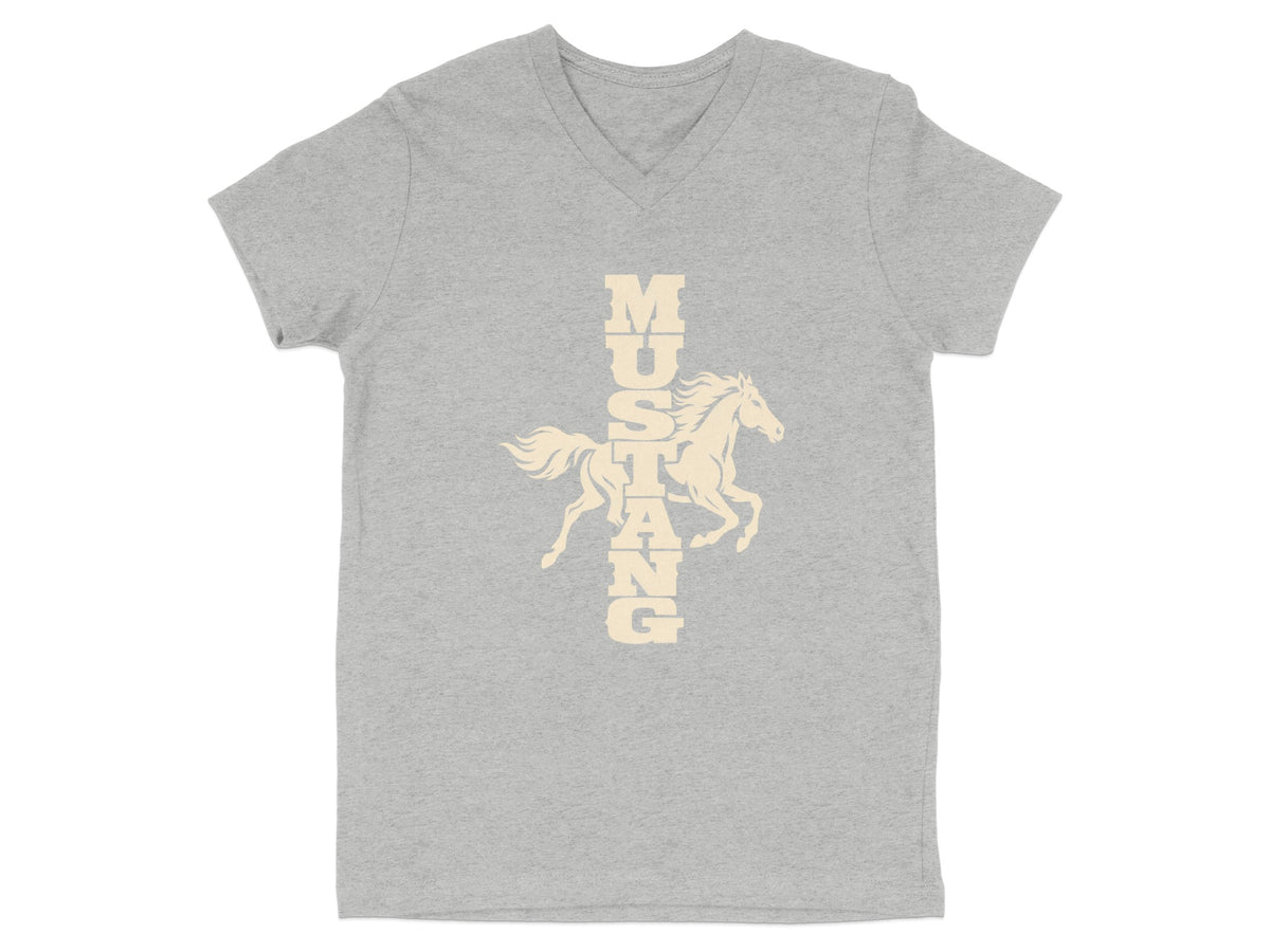 A heather grey V-neck t-shirt with a cream graphic of a galloping horse overlaid with the vertical text MUSTANG.