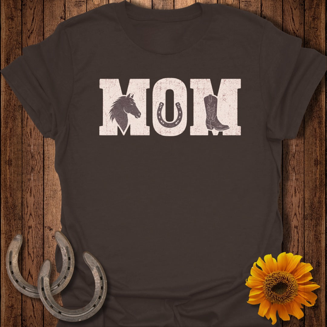 Brown t-shirt with "MOM" text featuring a horse head and cowboy boot graphic.