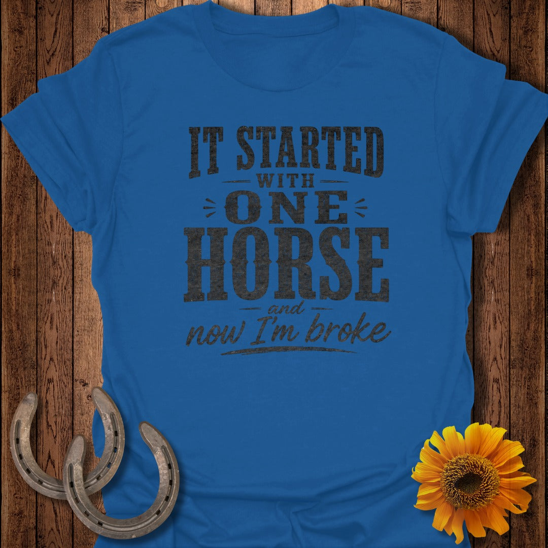 Blue t-shirt with "It Started With One Horse And Now I'm Broke" text.