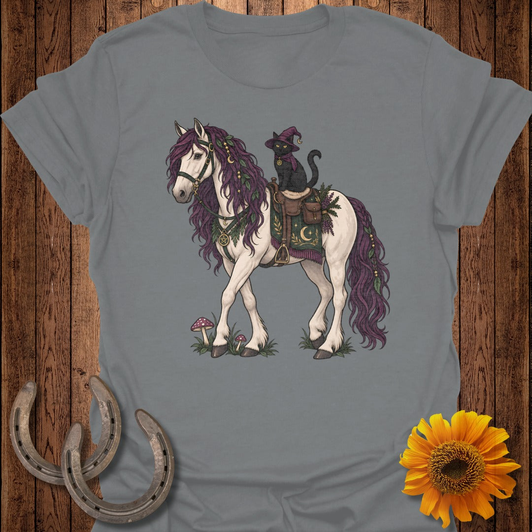 Illustration of a white horse with a black cat wearing a witch hat riding it.