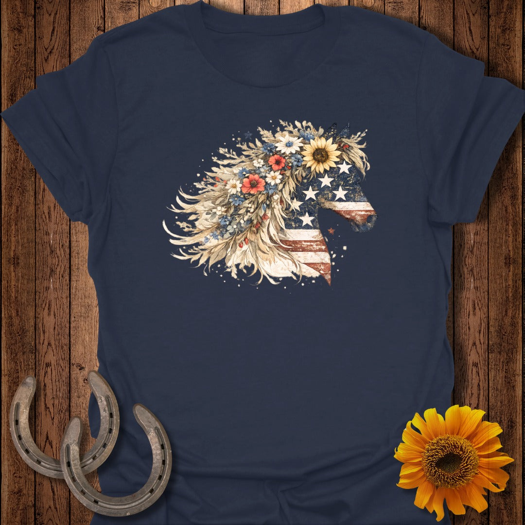 Navy t-shirt with a distressed American flag horse head floral design.