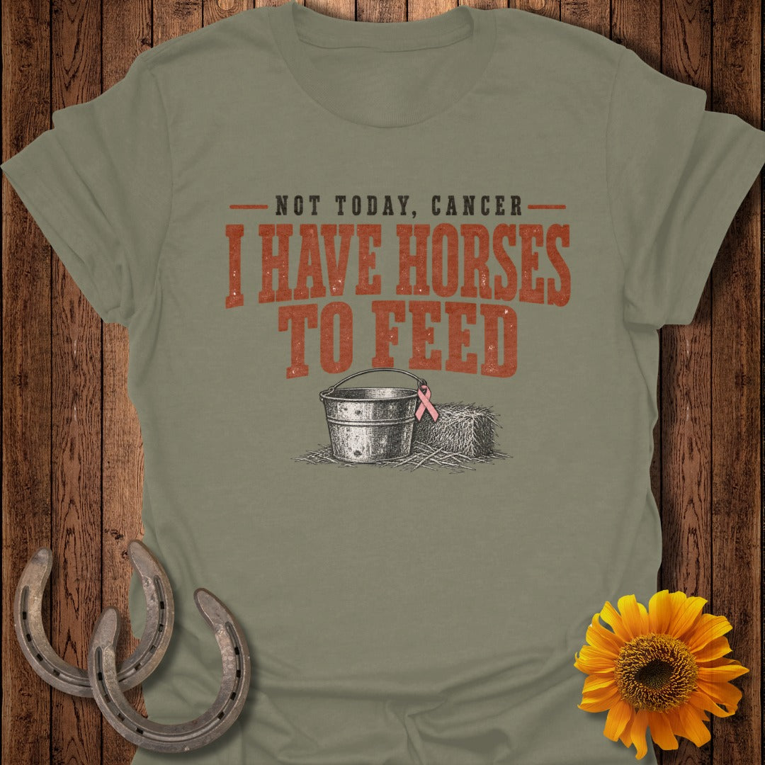 Olive t-shirt with distressed text: "Not today, cancer—I have horses to feed"