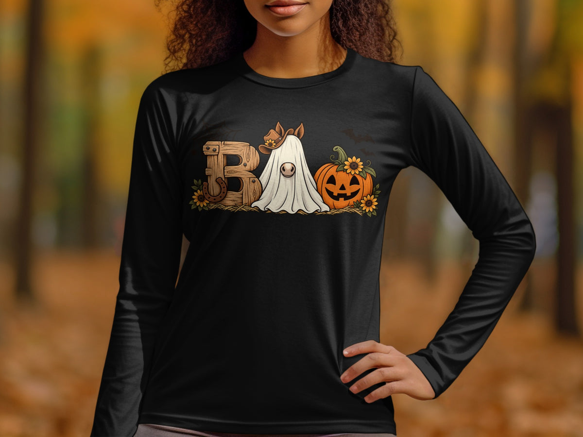 Black long sleeve shirt with "Boo" graphic featuring a horse ghost and pumpkin.