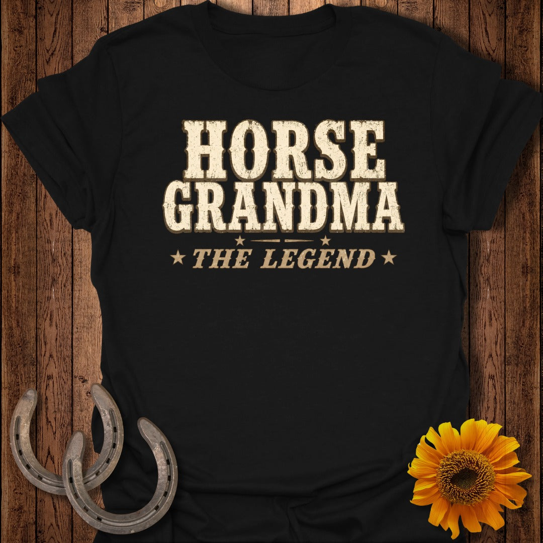 Black t-shirt with "HORSE GRANDMA THE LEGEND" text, horseshoes, and sunflower.