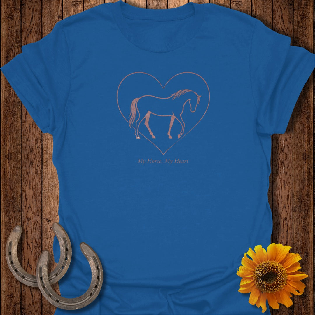 Blue t-shirt with a horse inside a heart graphic and "My Horse, My Heart" text.