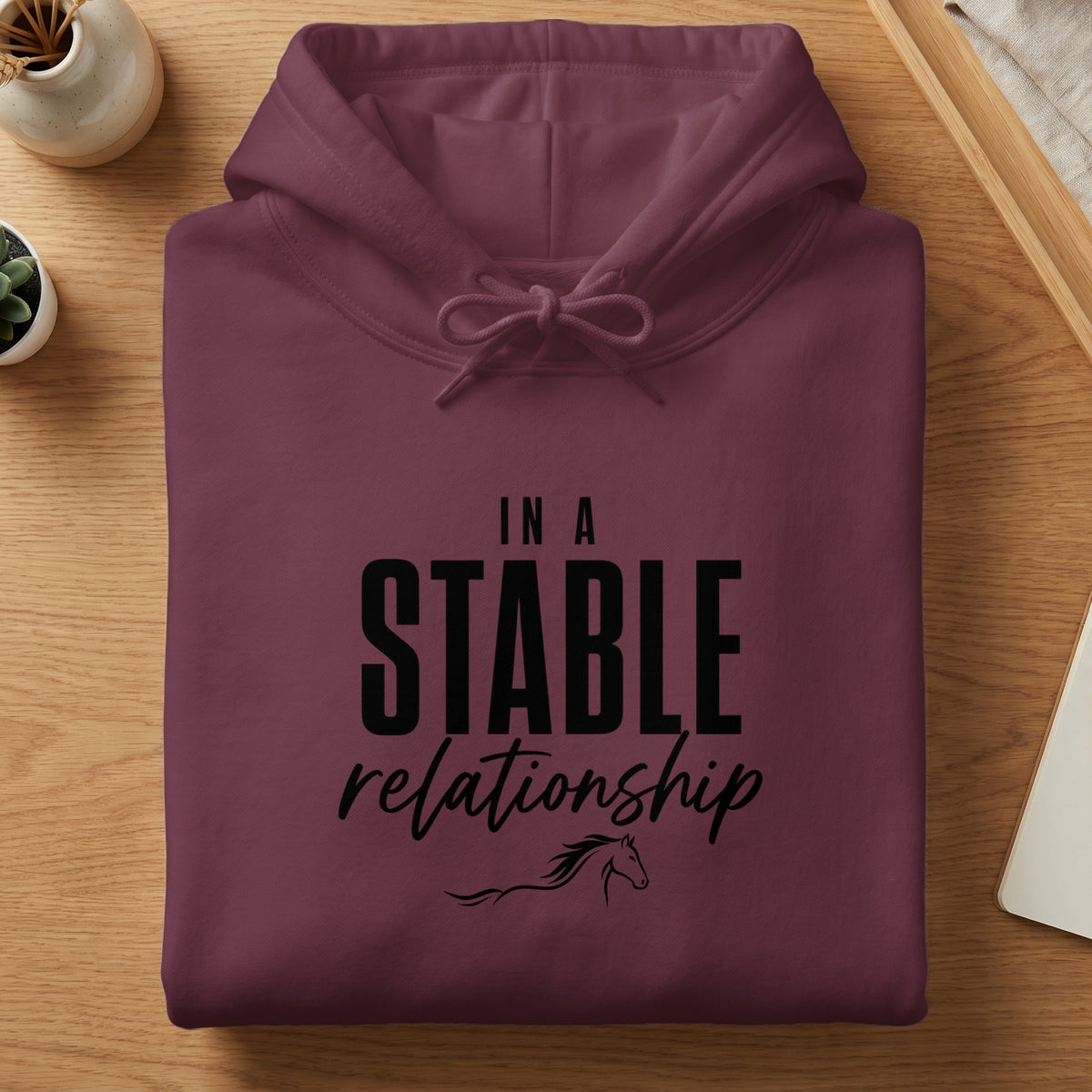 Maroon hoodie with "IN A STABLE relationship" text and horse graphic.
