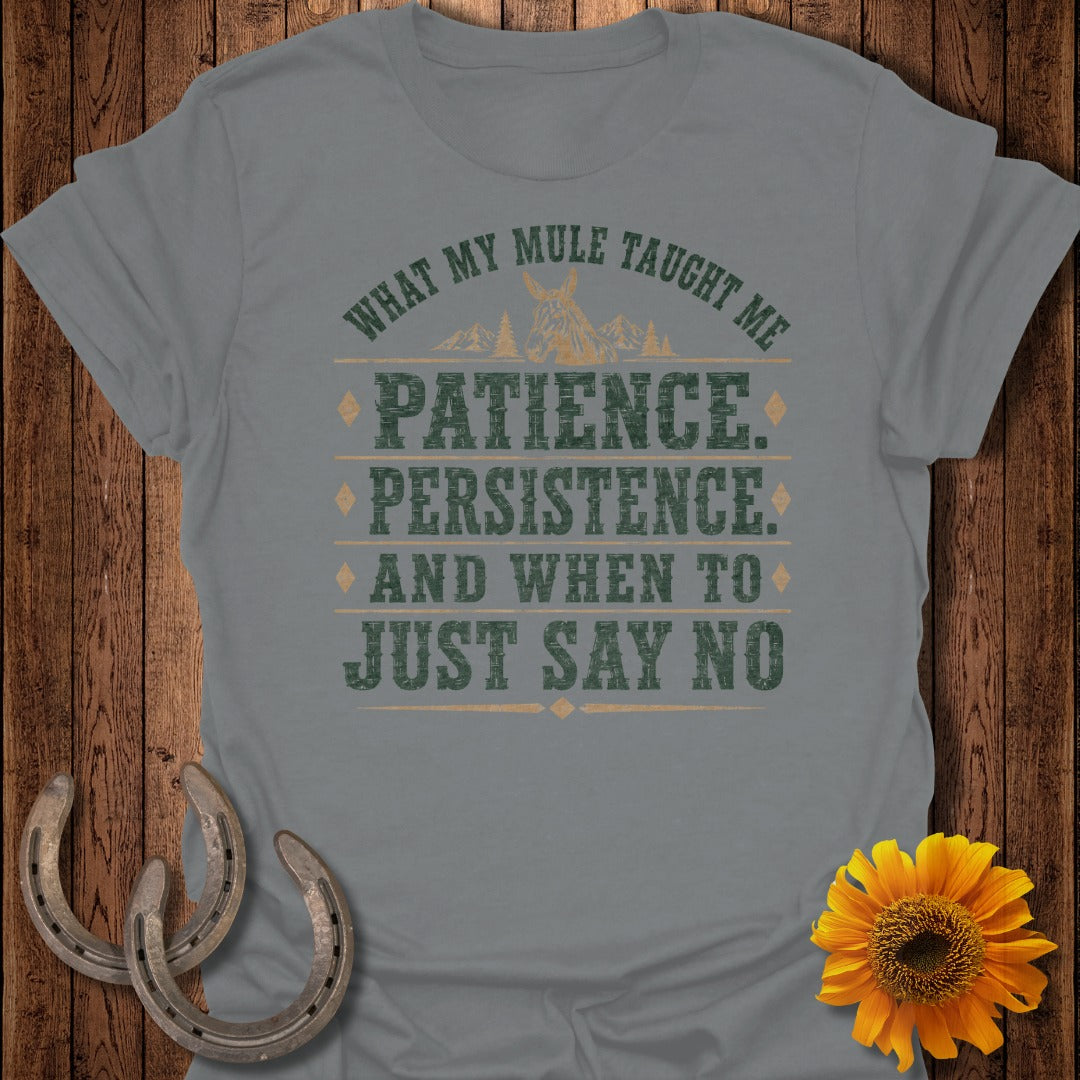 Grey t-shirt with "What my mule taught me" and lessons on patience, persistence, and saying no.
