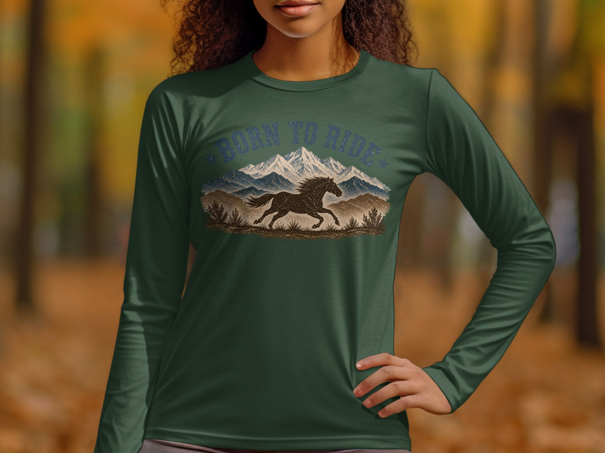 Dark green long-sleeve shirt with a running horse and mountains graphic.