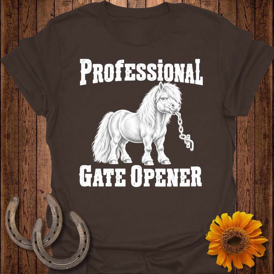 Pony with chain in mouth and text "Professional Gate Opener".