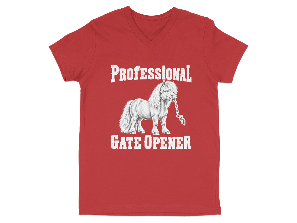 Red V-neck t-shirt featuring a white graphic of a pony holding a chain and the text "Professional Gate Opener".