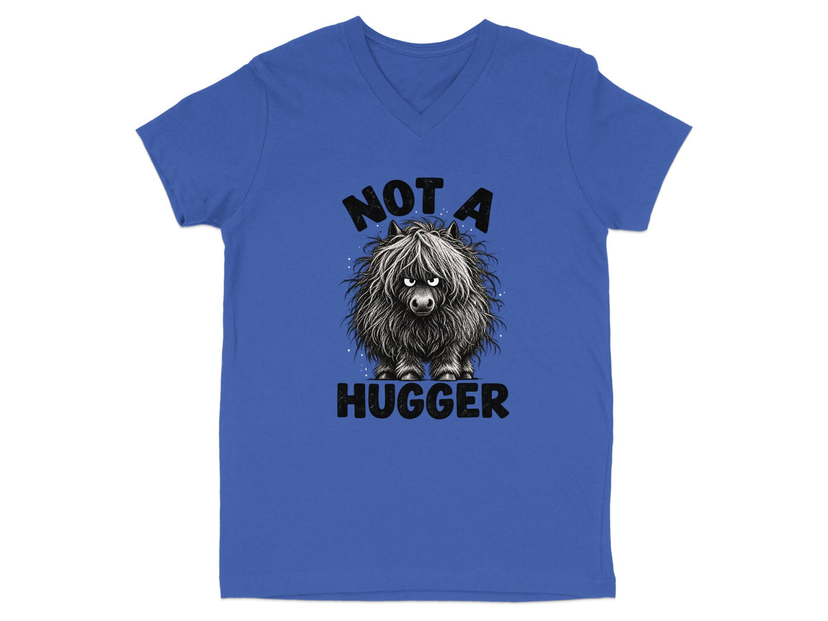 Blue v-neck t-shirt with a fluffy Highland cow graphic and text "NOT A HUGGER".