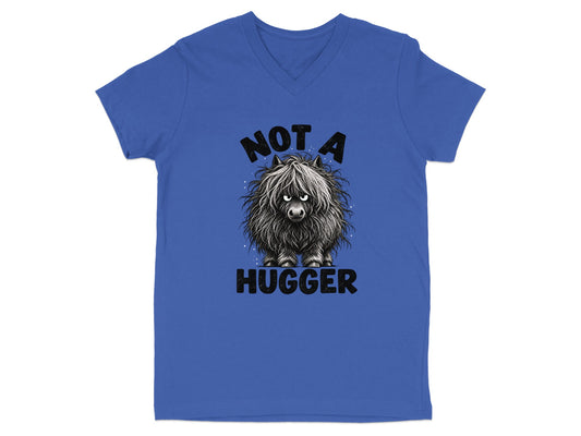 Blue v-neck t-shirt with a fluffy Highland cow graphic and text "NOT A HUGGER".