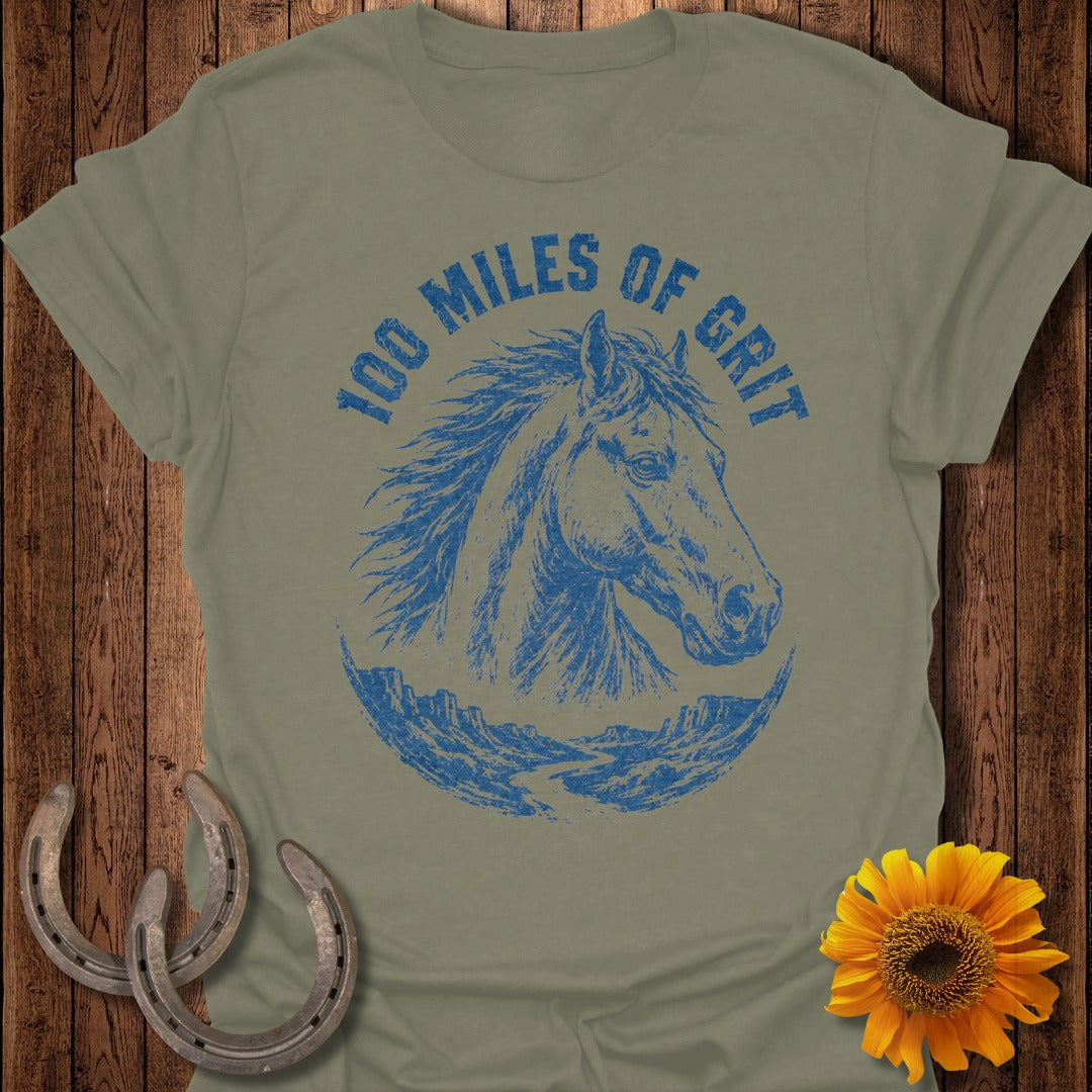 T-shirt with blue horse graphic and text "100 Miles of Grit".