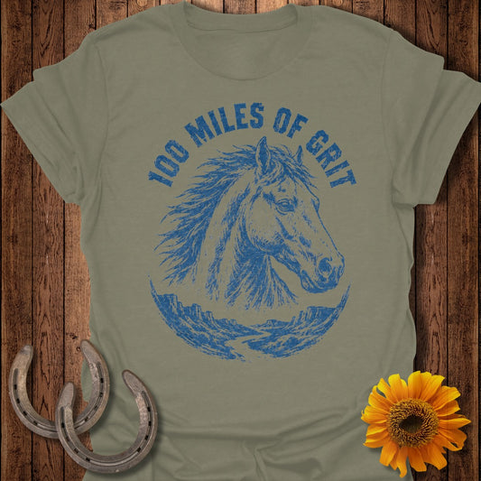 T-shirt with blue horse graphic and text "100 Miles of Grit".