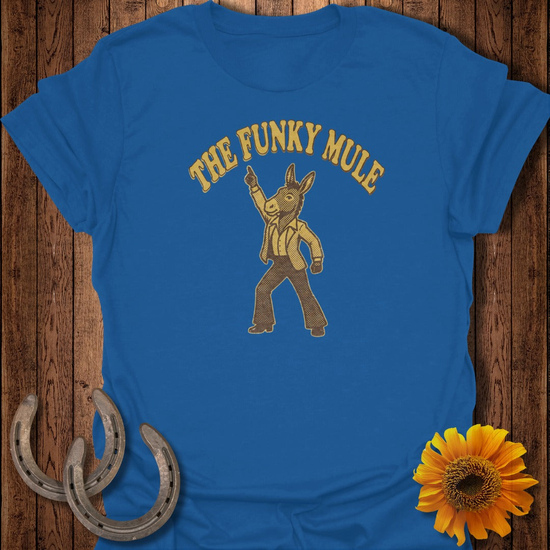 Blue t-shirt with "The Funky Mule" logo featuring a cartoon mule dancing.