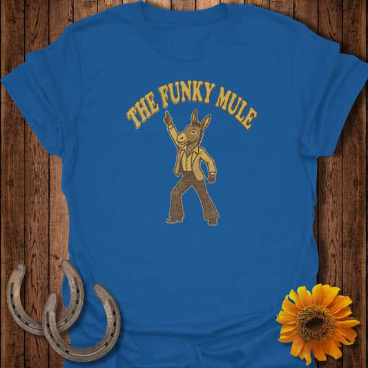 Blue t-shirt with "The Funky Mule" logo featuring a cartoon mule dancing.