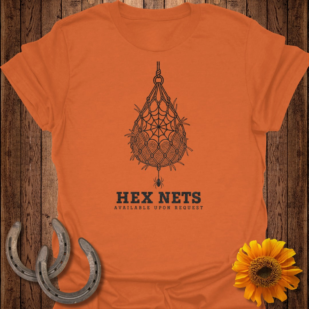 Orange t-shirt with "HEX NETS AVAILABLE UPON REQUEST" text and spiderweb design.