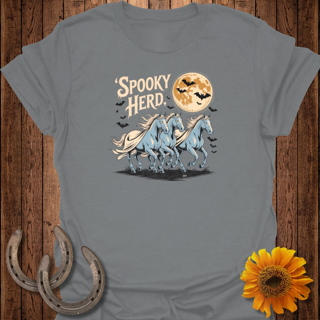 Gray t-shirt with "Spooky Herd" text, three blue horses running, bats, and a full moon.