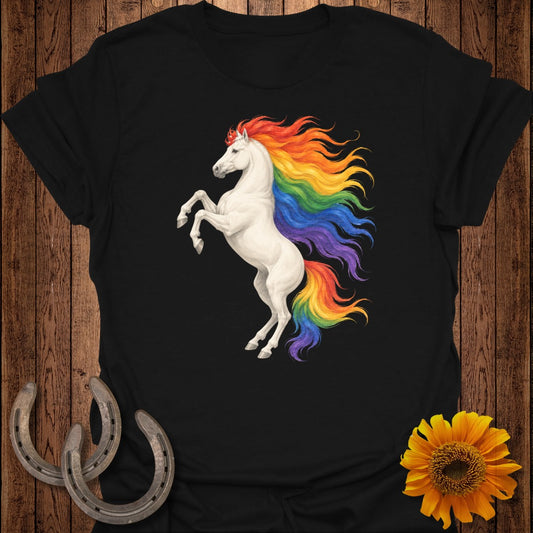 White unicorn with rainbow mane on black t-shirt.