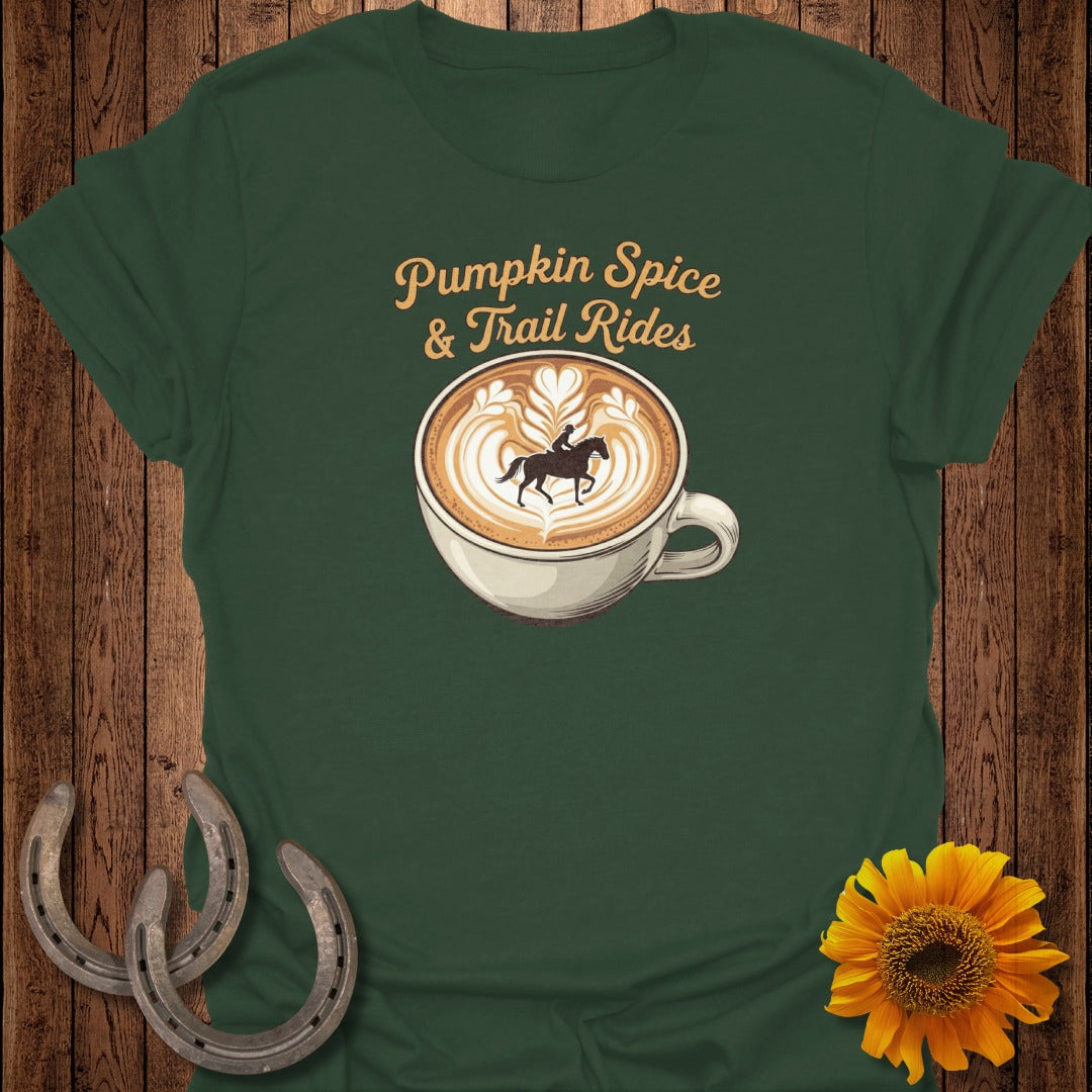 Green t-shirt with "Pumpkin Spice & Trail Rides" text over a latte with horse and rider.