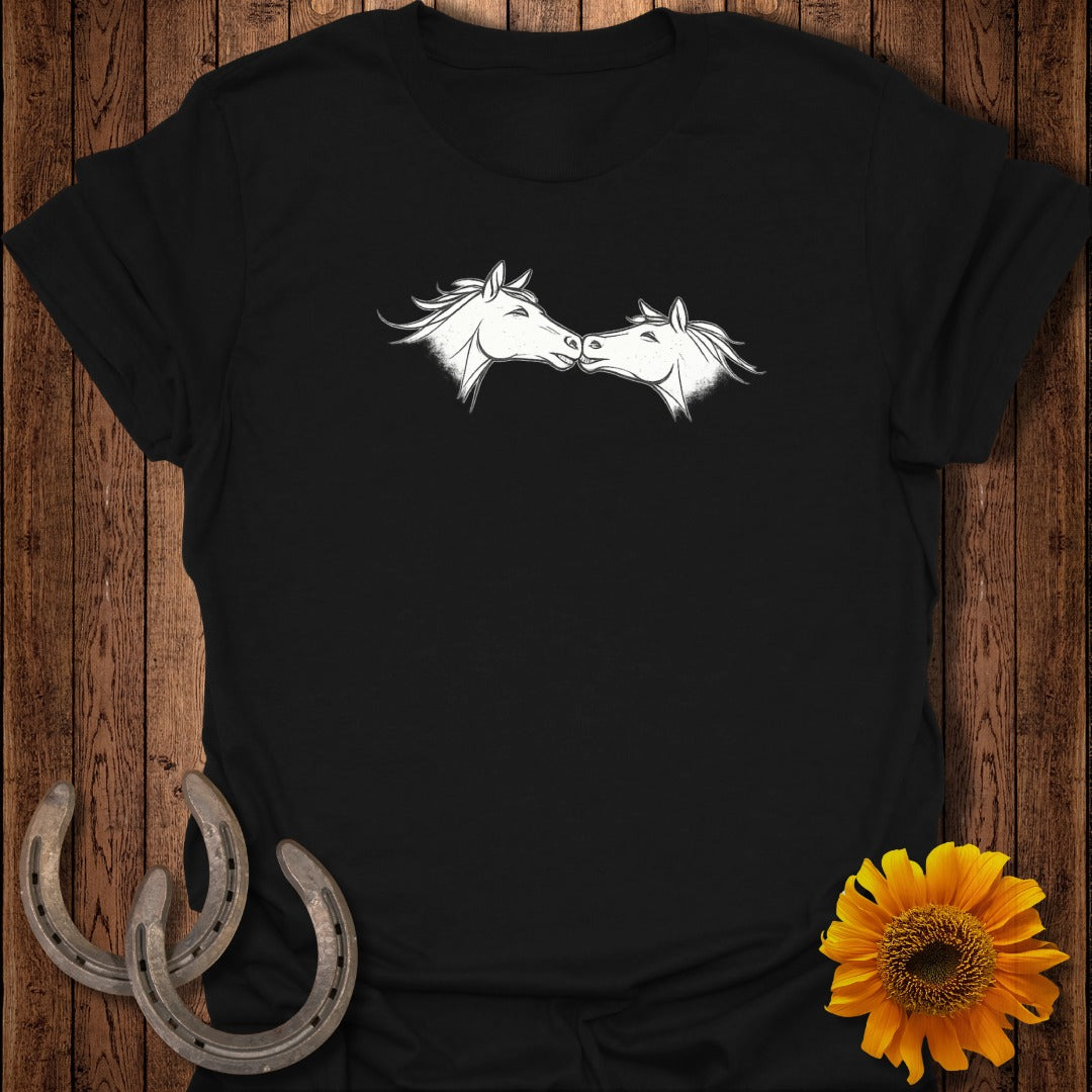 Black t-shirt with a white outline graphic of two horses nuzzling.